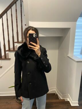 COLE HAAN Wool & Cashmere Genuine RABBIT FUR Black Designer Jacket Coat
